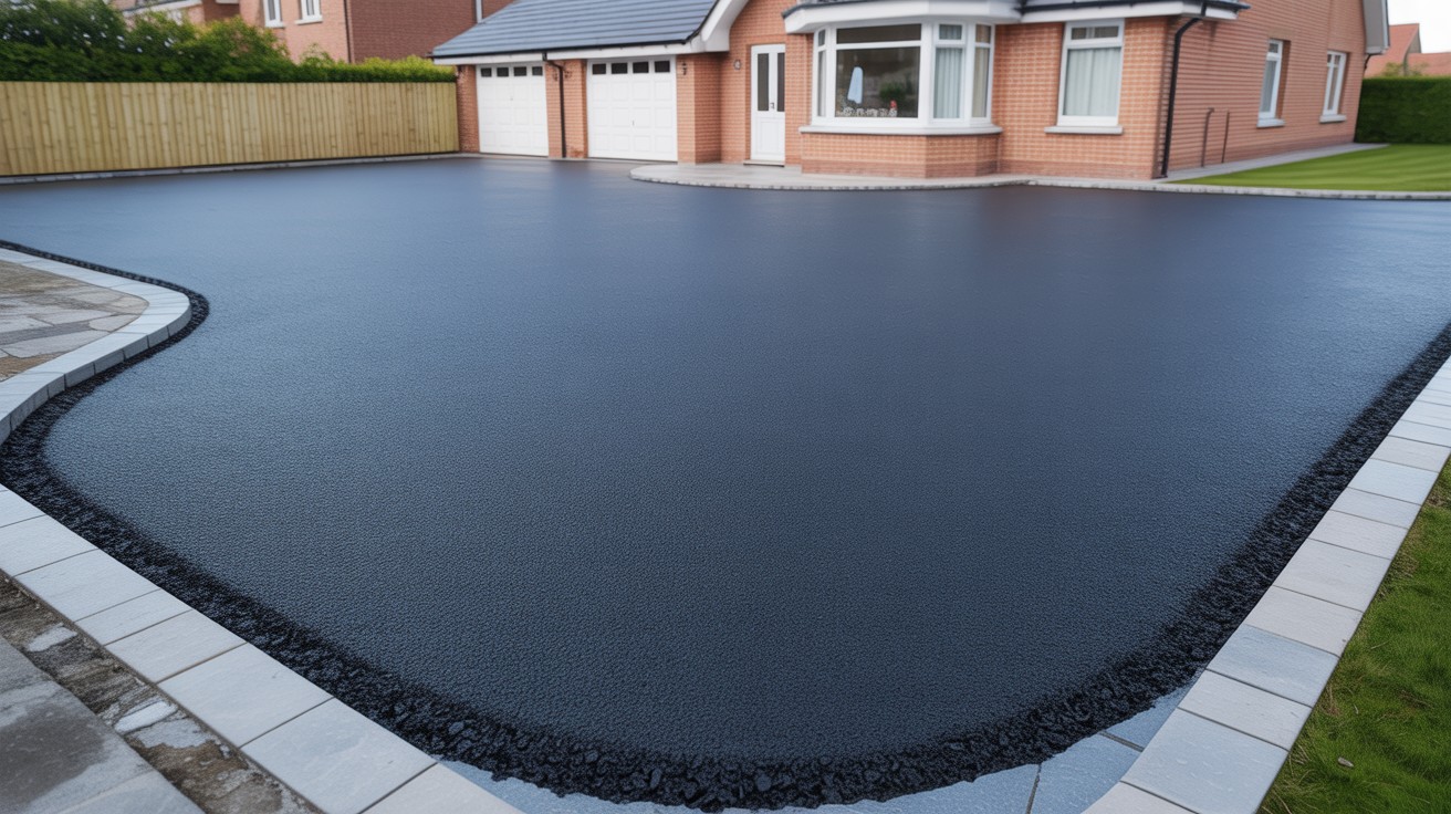 Wide residential driveway with fresh tarmac finish