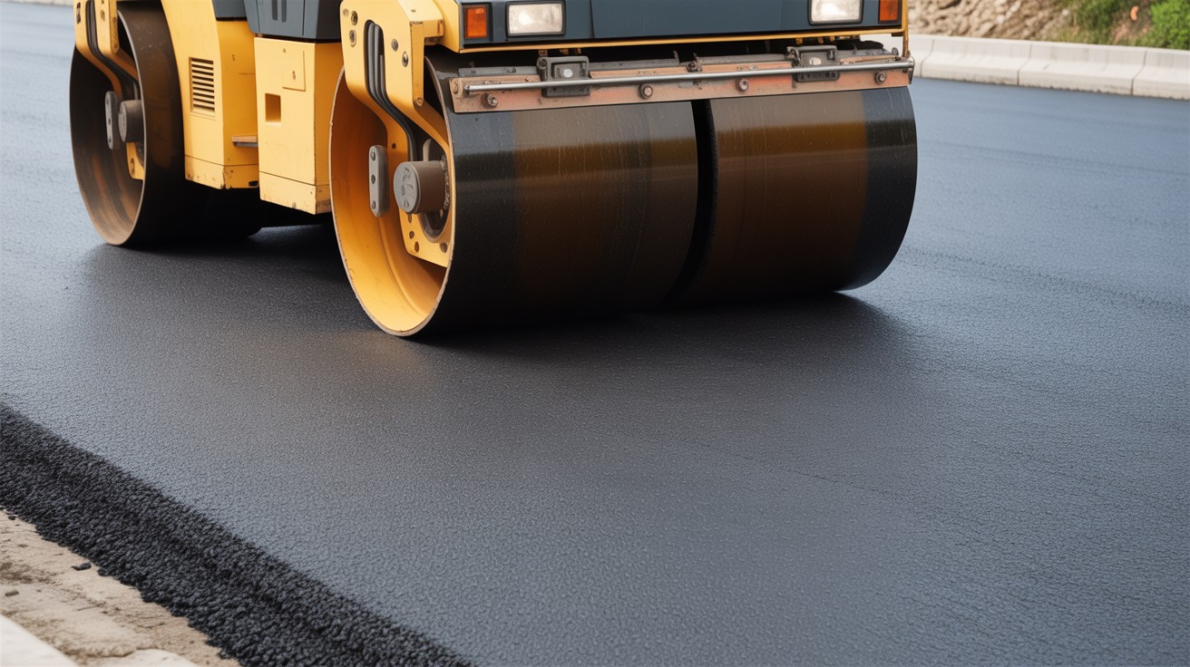 Heavy roller compacting freshly laid tarmac